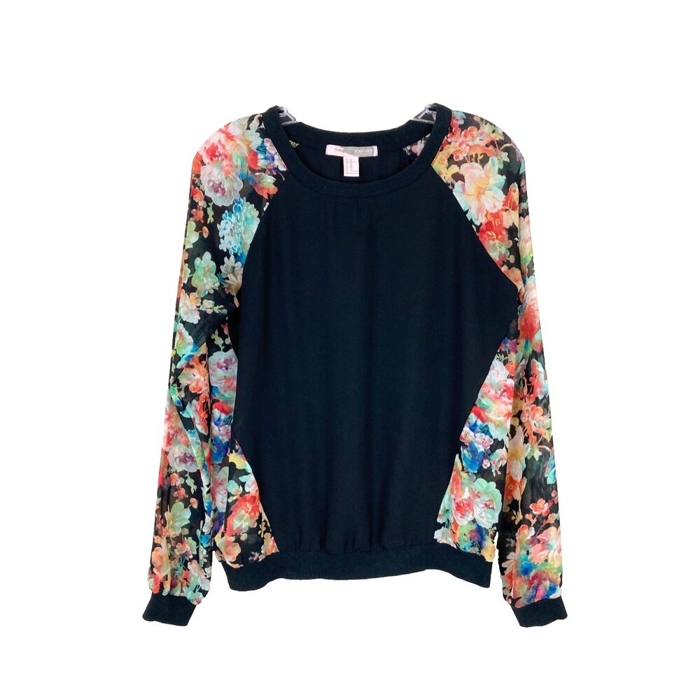 FOREVER 21 Women’s Top Size XS Black Long Sheer Floral Sleeves